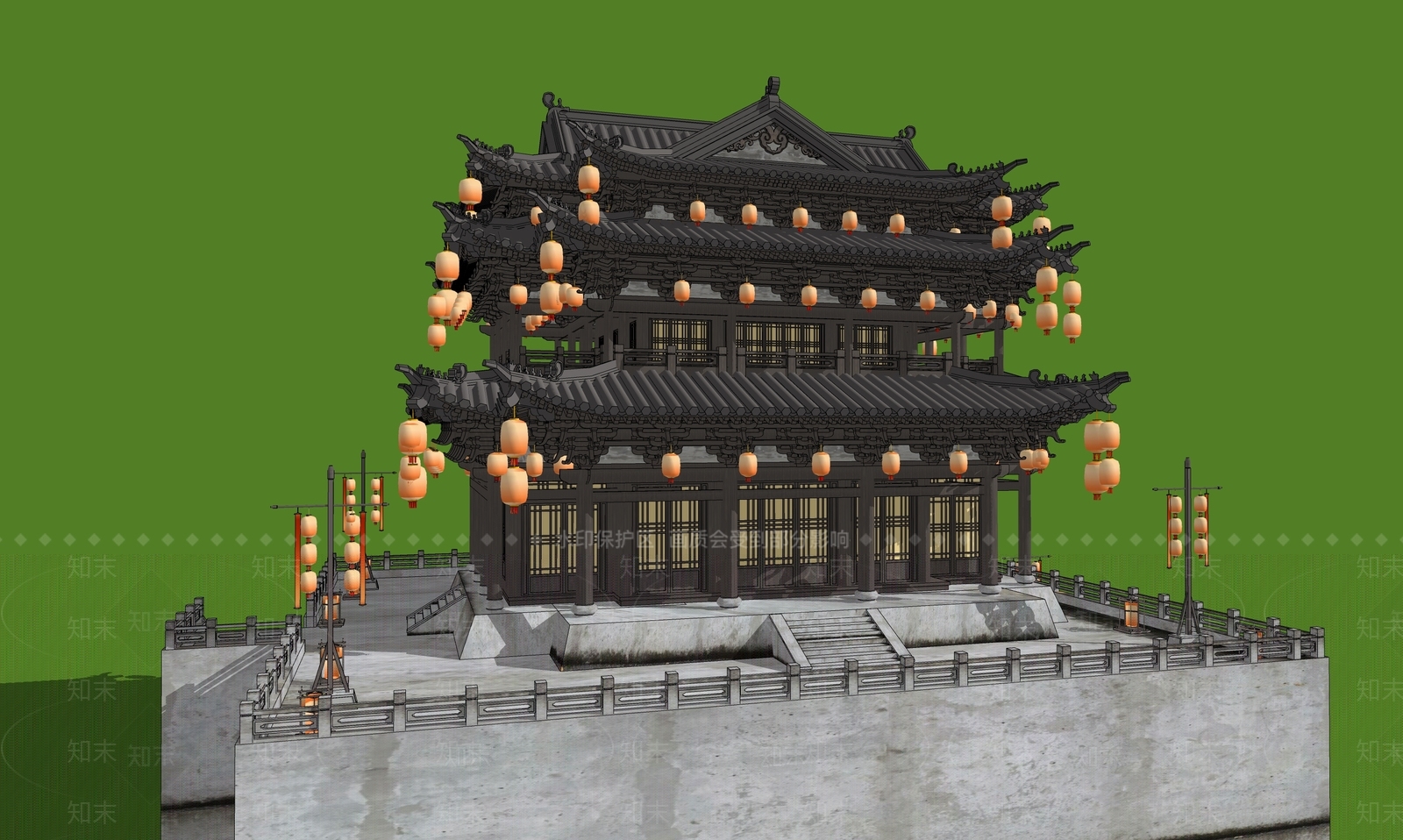 新中式中式古建筑SU模型下载【ID:1184507355】