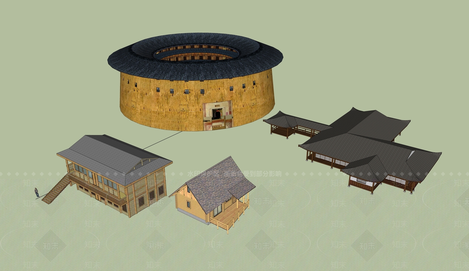 中式风格建筑SU模型下载【ID:1184534849】