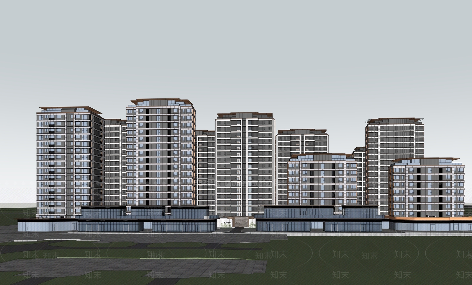 现代轻奢小区建筑SU模型下载【ID:1184543476】