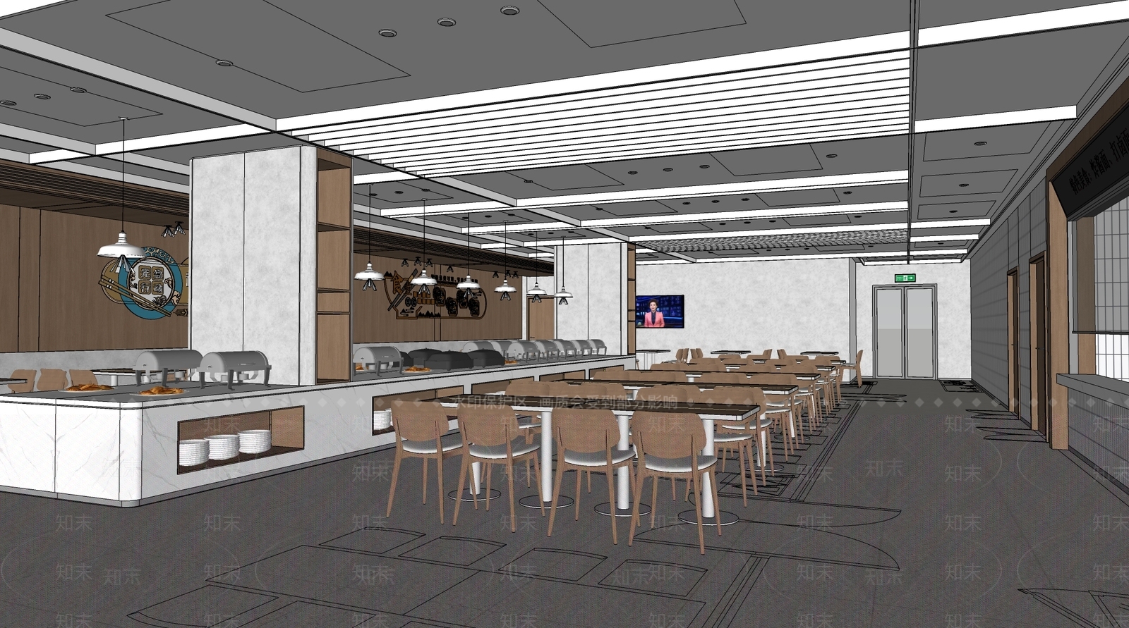 现代新中式自助餐厅SU模型下载【ID:1184575610】