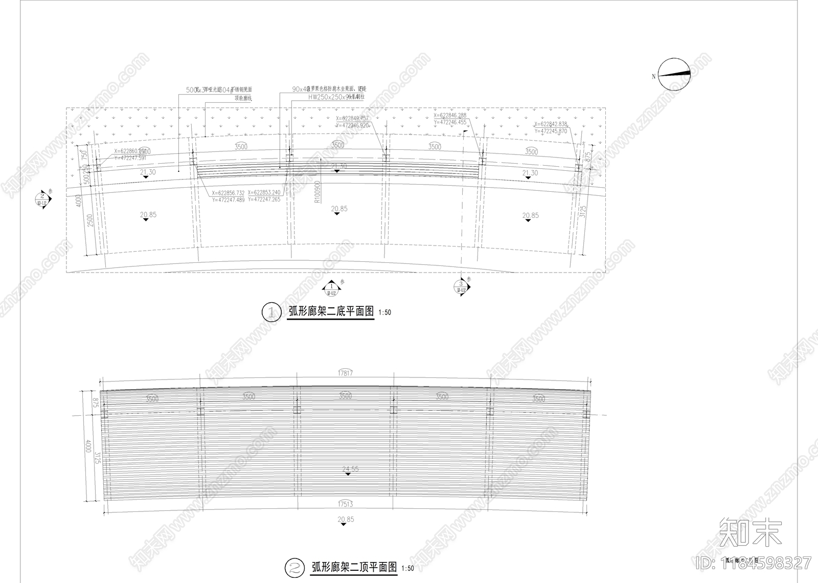 现代廊架cad施工图下载【ID:1184598327】