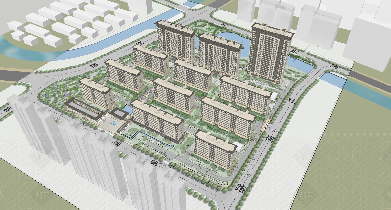 现代新中式小区建筑SU模型下载【ID:1184621435】