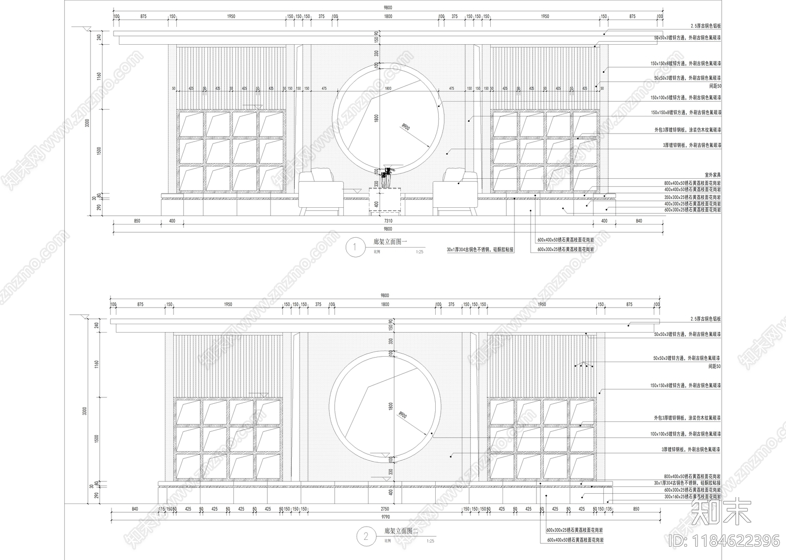 现代廊架cad施工图下载【ID:1184622396】