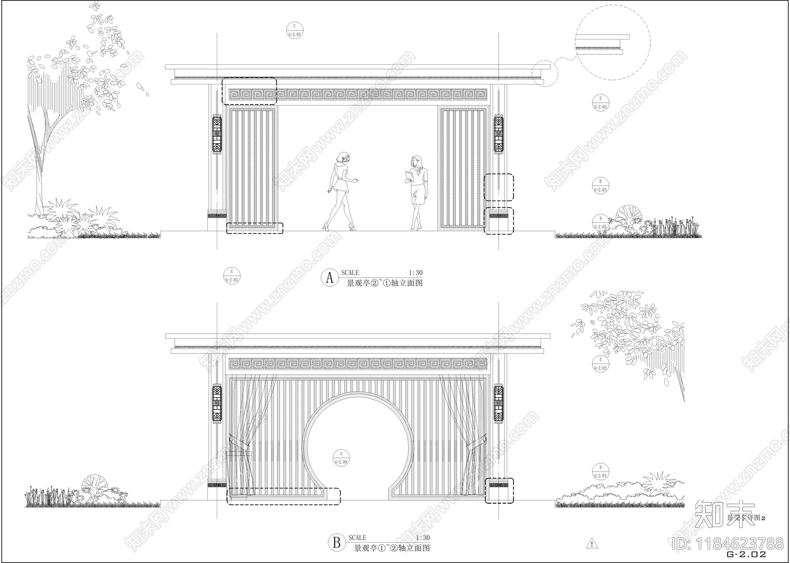 现代廊架cad施工图下载【ID:1184623788】