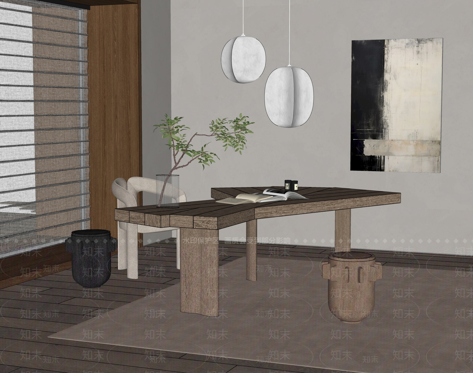 现代原木书桌椅SU模型下载【ID:1184714954】