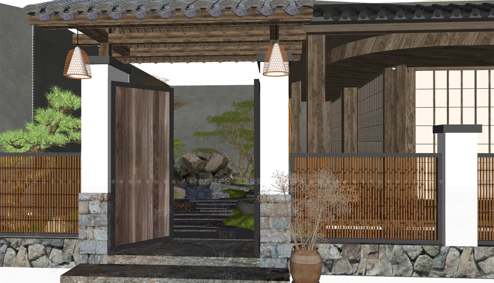 日式中式乡村庭院SU模型下载【ID:1184724473】