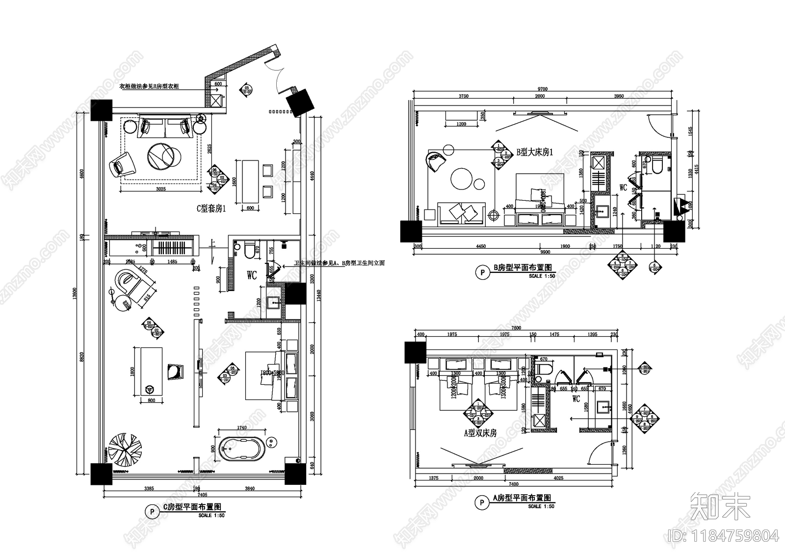 新中式中式酒店建筑施工图下载【ID:1184759804】