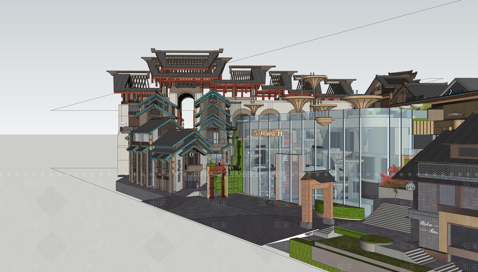 新中式商业街SU模型下载【ID:1184811856】