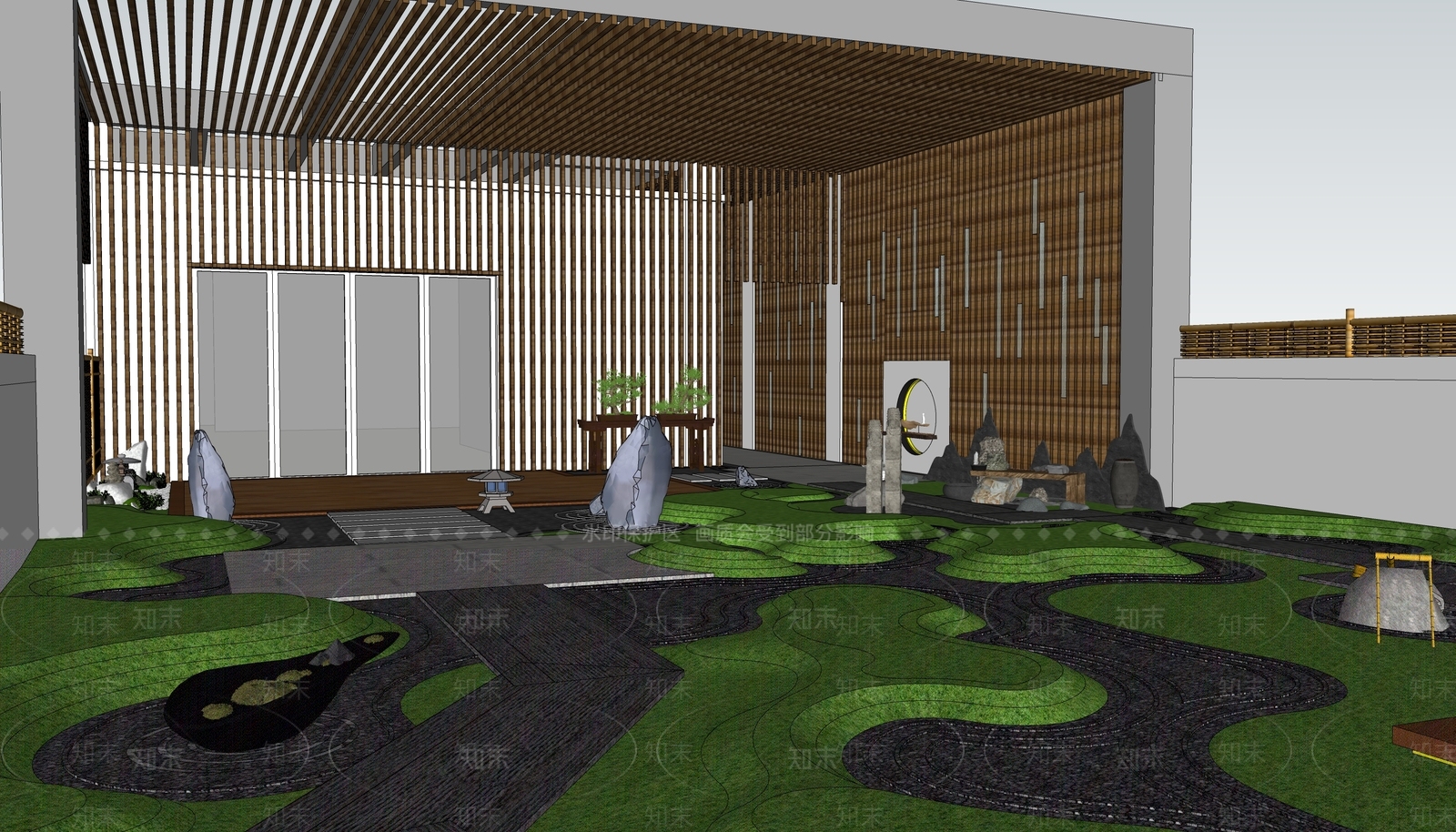 现代新中式屋顶花园SU模型下载【ID:1184811911】