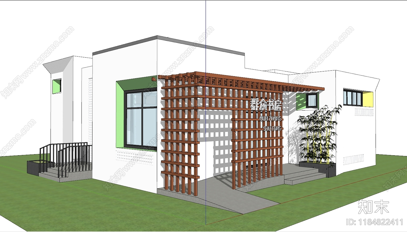 现代新中式图书馆建筑SU模型下载【ID:1184822411】