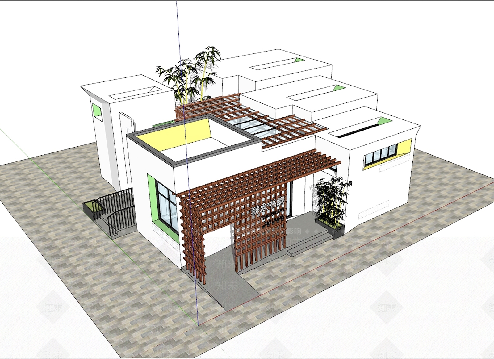 现代新中式图书馆建筑SU模型下载【ID:1184822411】
