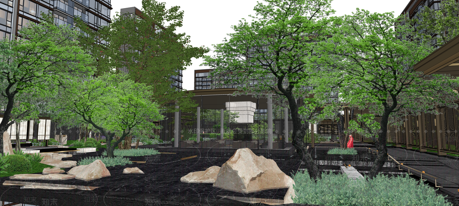 轻奢新中式小区景观SU模型下载【ID:1184837658】