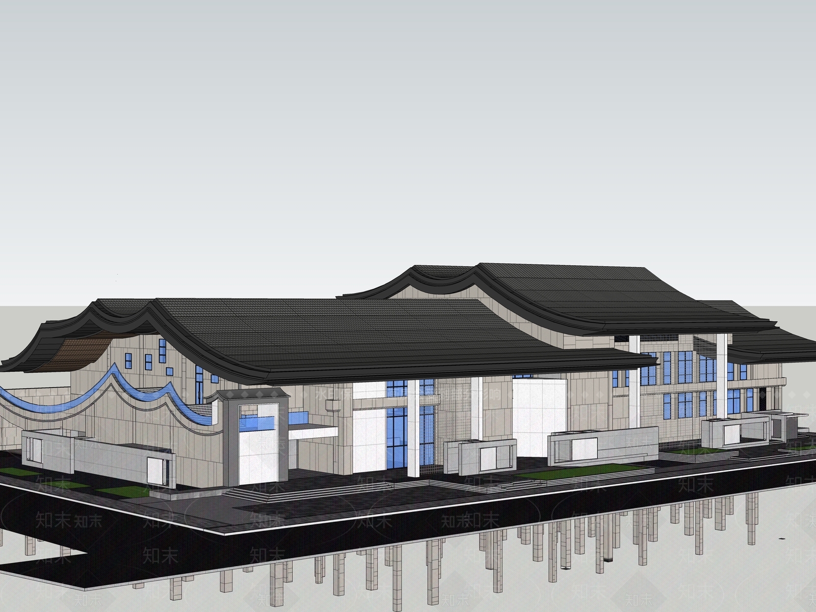现代新中式展览馆建筑SU模型下载【ID:1184877399】