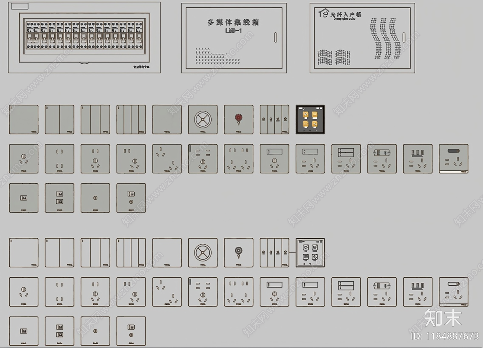 现代开关插座cad施工图下载【ID:1184887673】