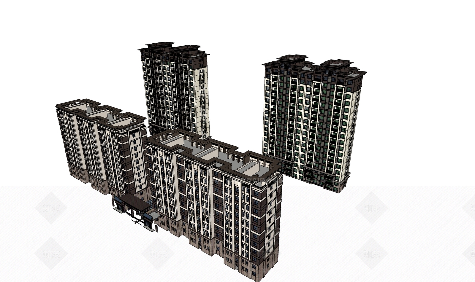 现代新中式小区建筑SU模型下载【ID:1184907892】