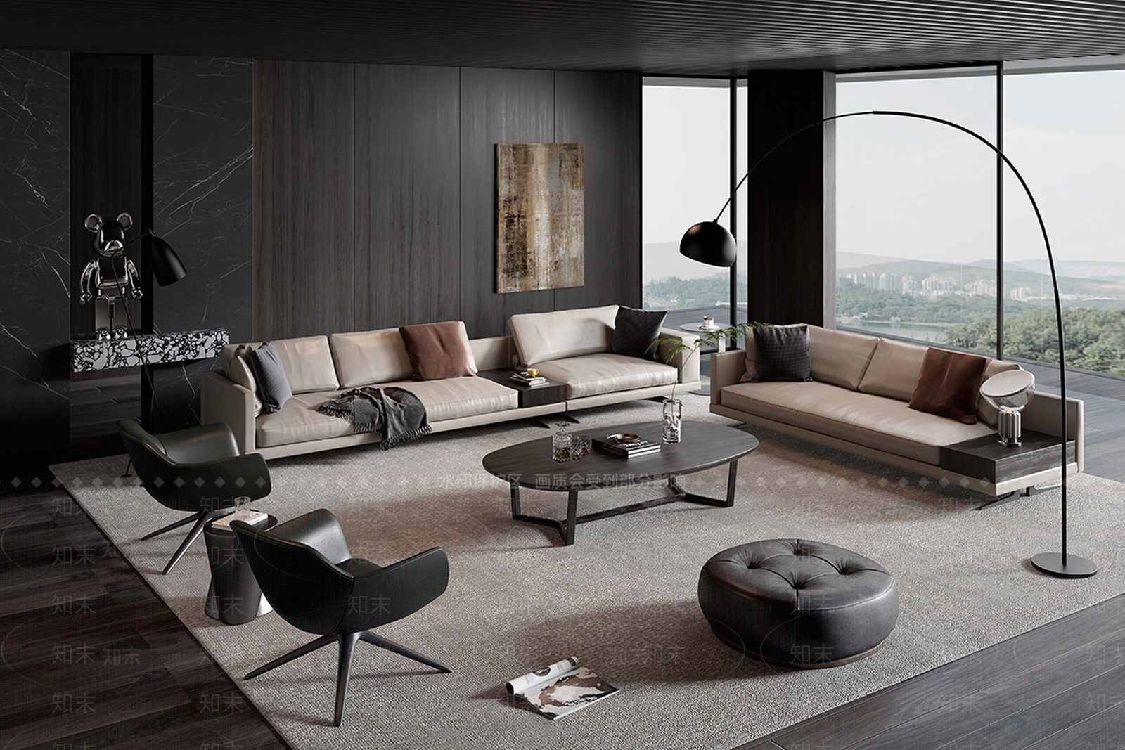 现代Poliform灰色多人沙发茶几组合3D模型下载【ID:1184952460】