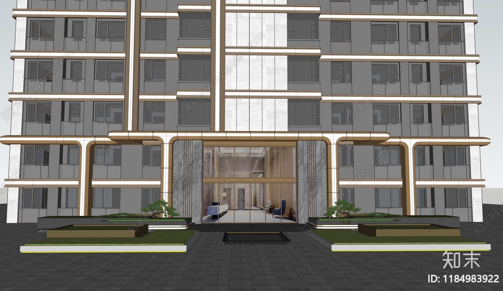 现代新中式小区建筑SU模型下载【ID:1184983922】