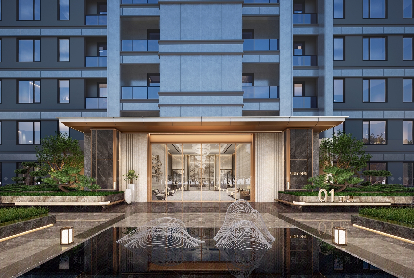 现代新中式小区建筑SU模型下载【ID:1184984134】