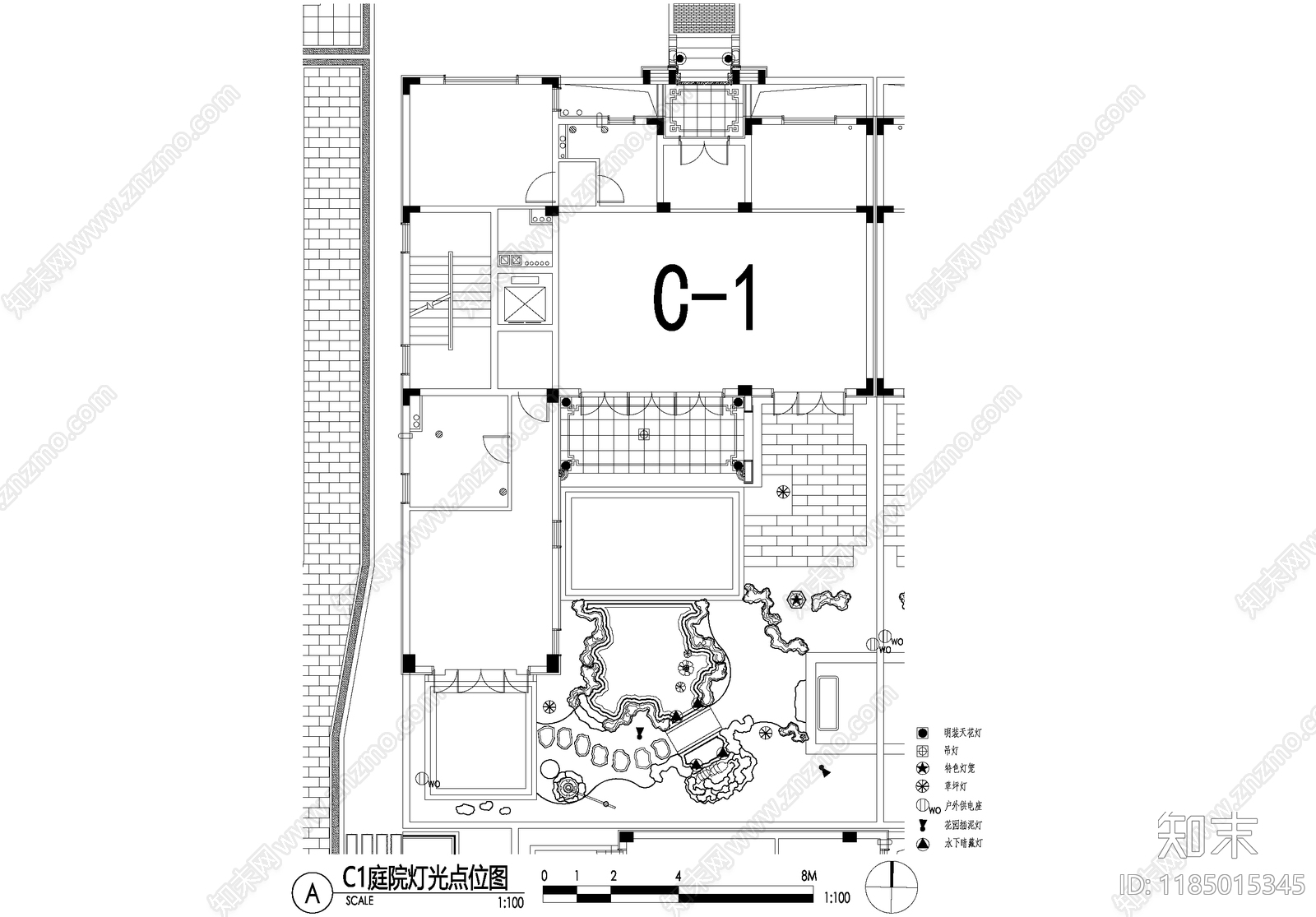 新中式庭院cad施工图下载【ID:1185015345】