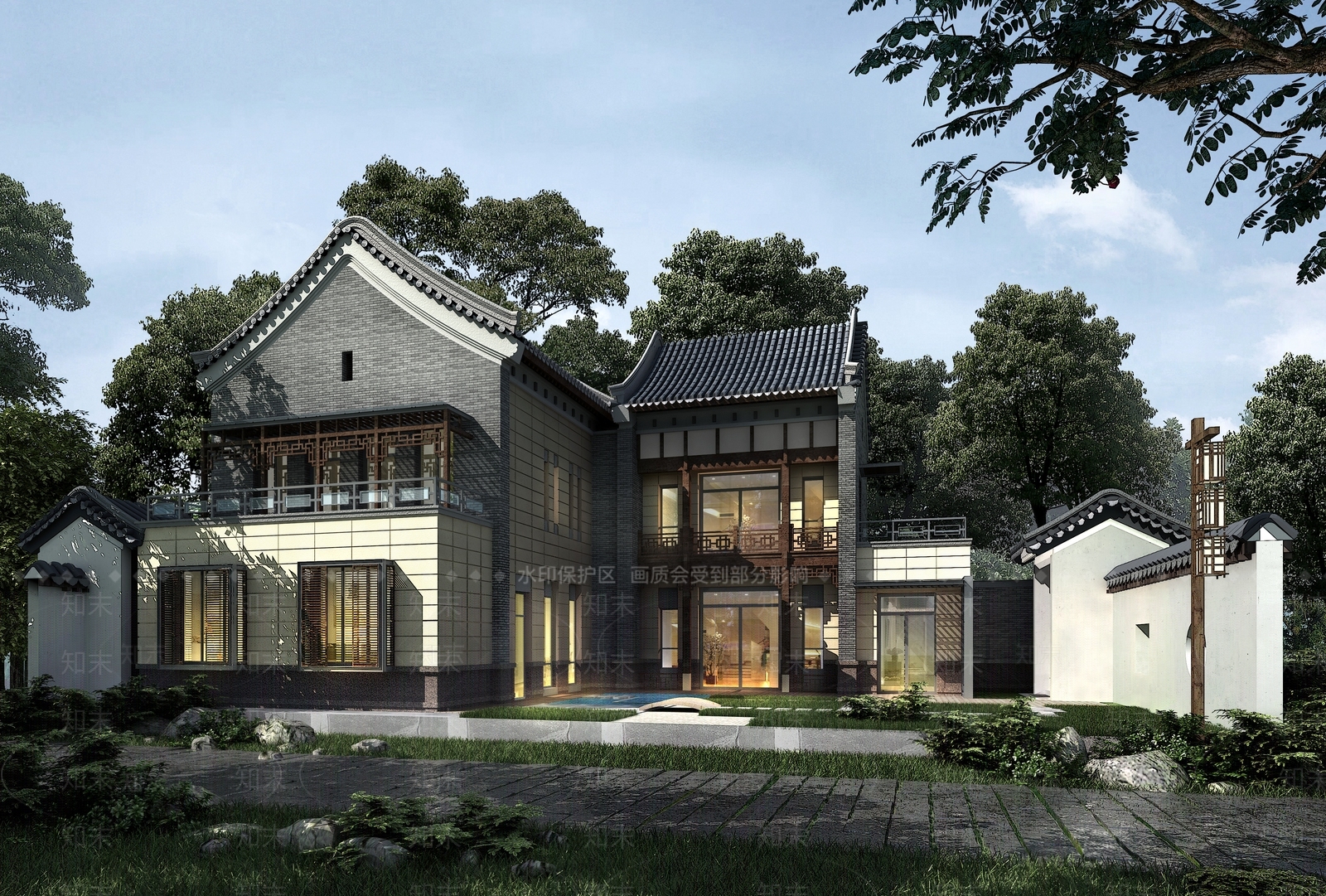 中式四合院建筑外观庭院景观3D模型下载【ID:1185033581】