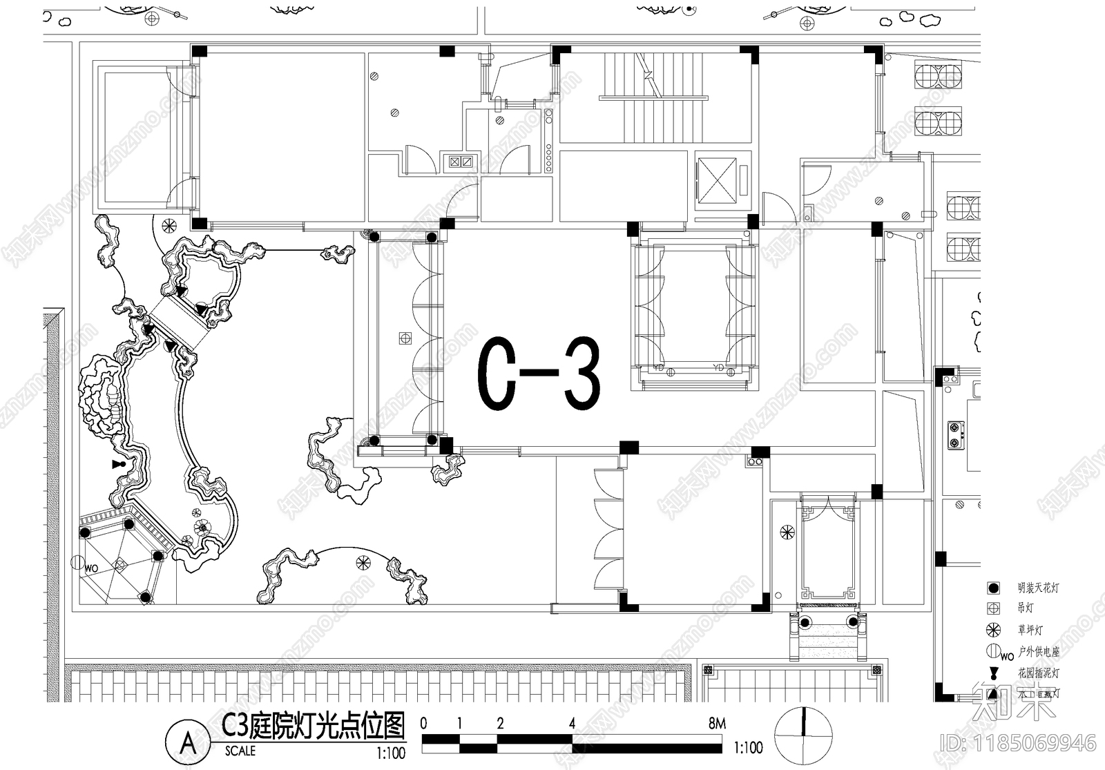 新中式庭院cad施工图下载【ID:1185069946】