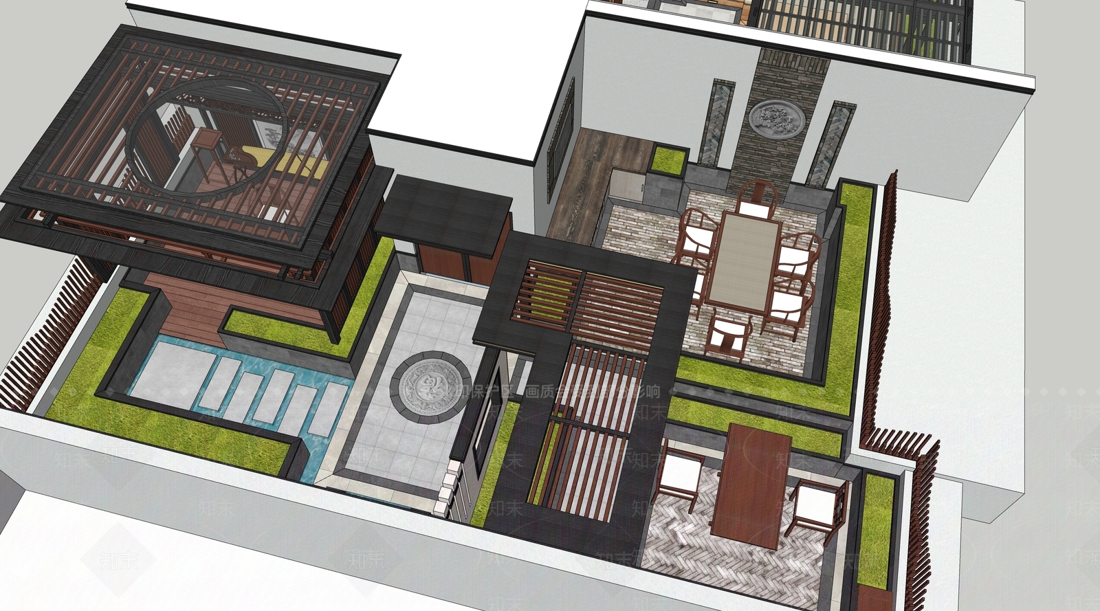 现代新中式屋顶花园SU模型下载【ID:1185075428】