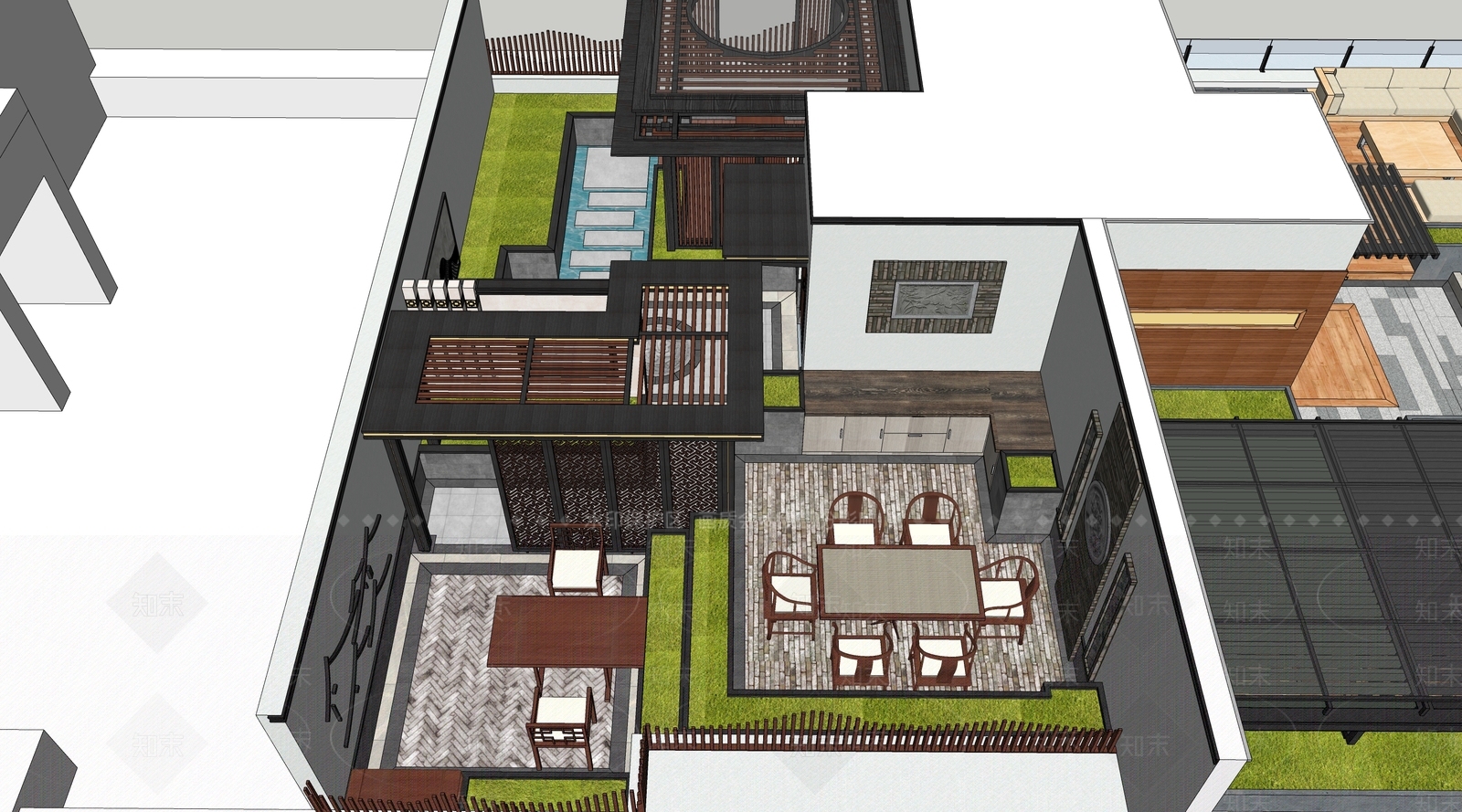 现代新中式屋顶花园SU模型下载【ID:1185075428】