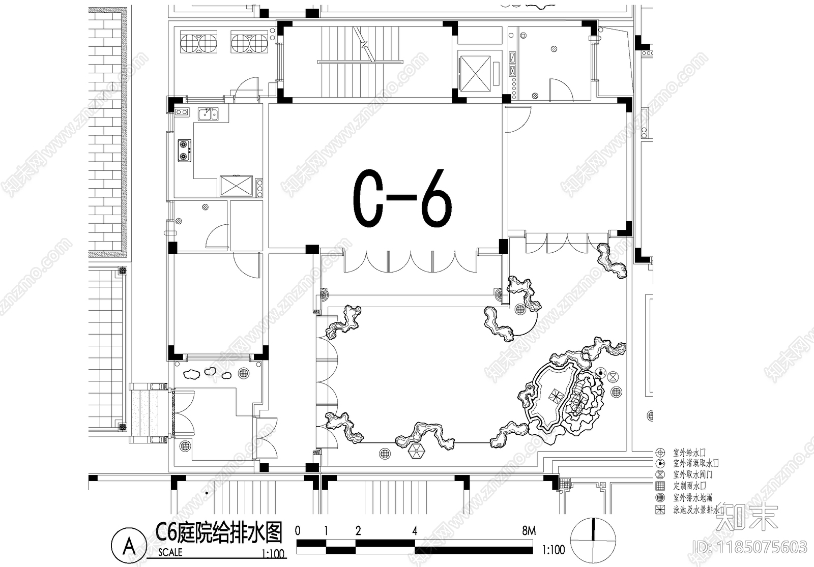 新中式庭院cad施工图下载【ID:1185075603】