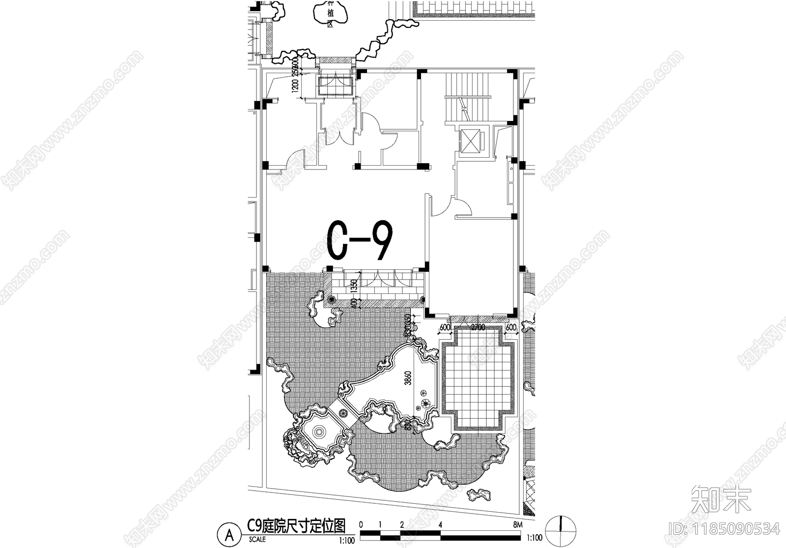 新中式庭院cad施工图下载【ID:1185090534】