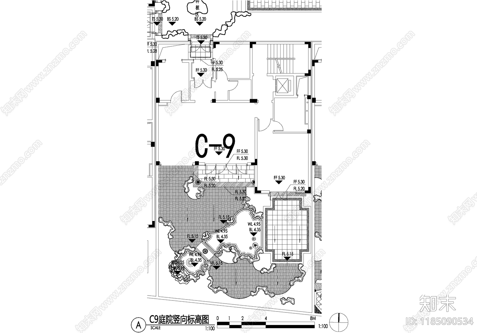 新中式庭院cad施工图下载【ID:1185090534】