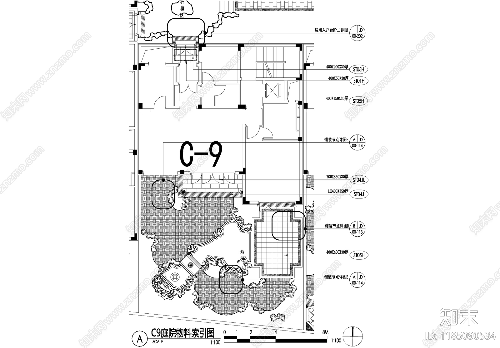 新中式庭院cad施工图下载【ID:1185090534】