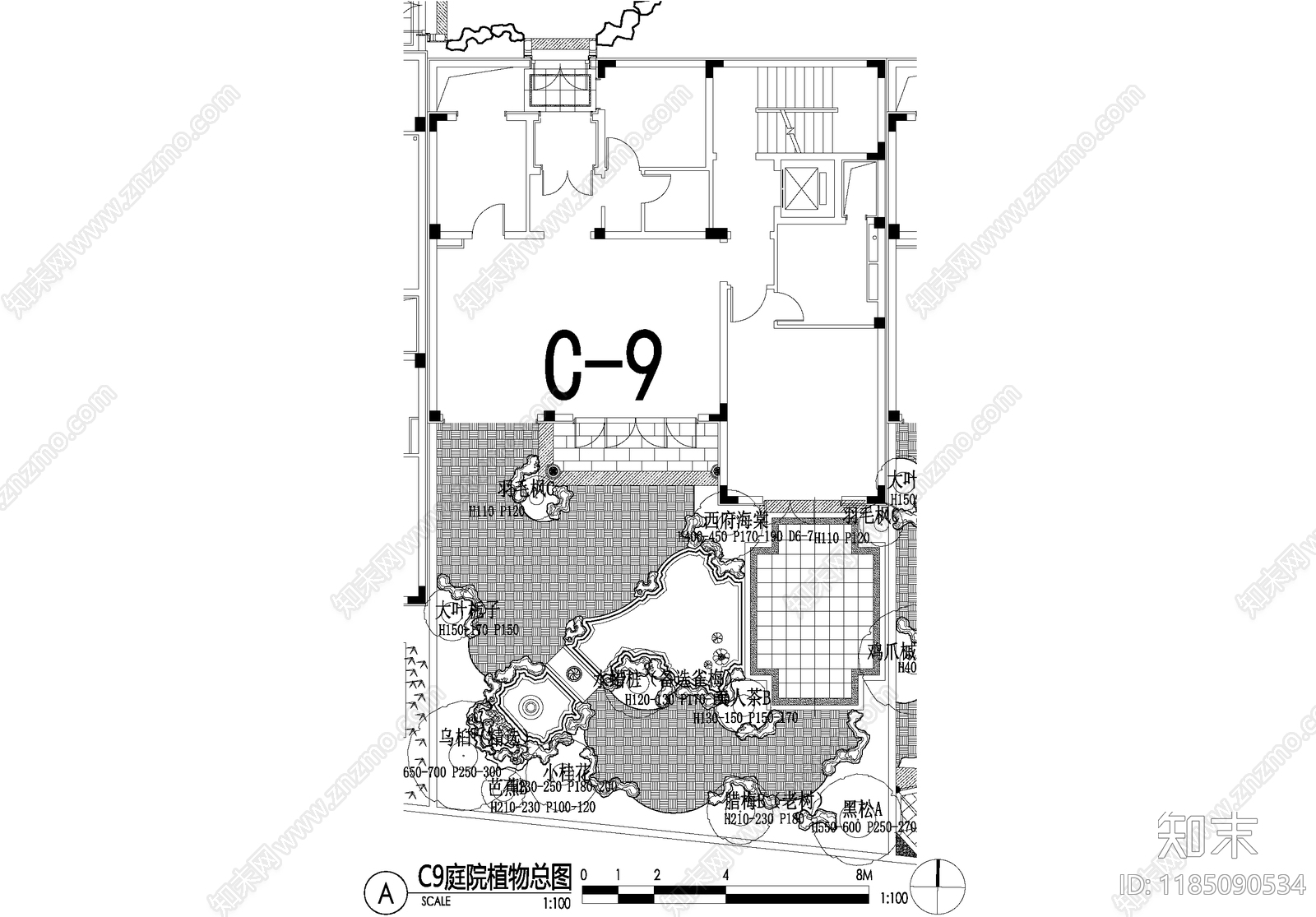 新中式庭院cad施工图下载【ID:1185090534】