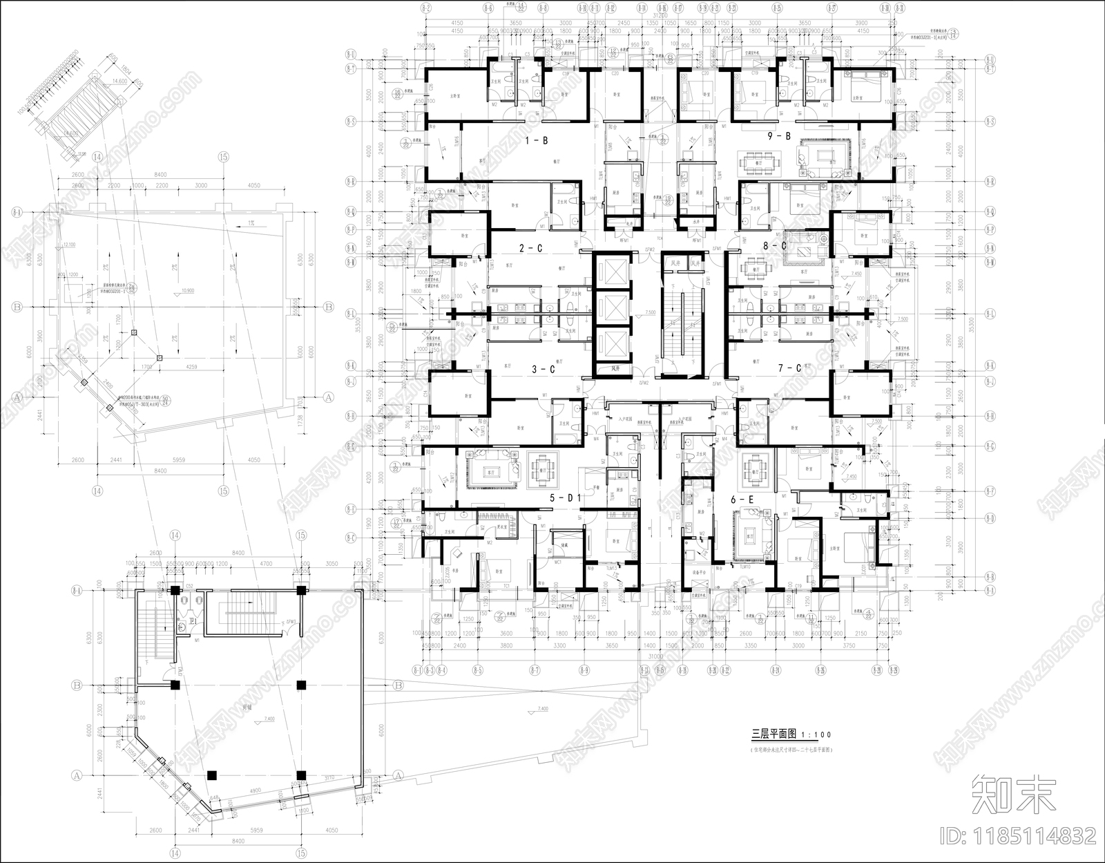 现代住宅楼建筑cad施工图下载【ID:1185114832】