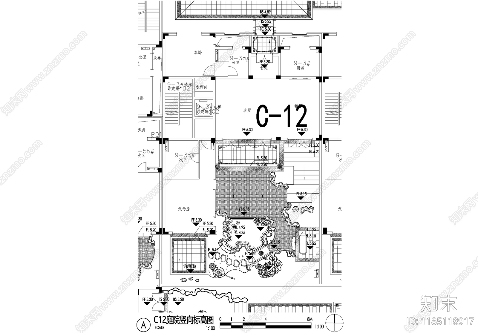 新中式庭院cad施工图下载【ID:1185118917】