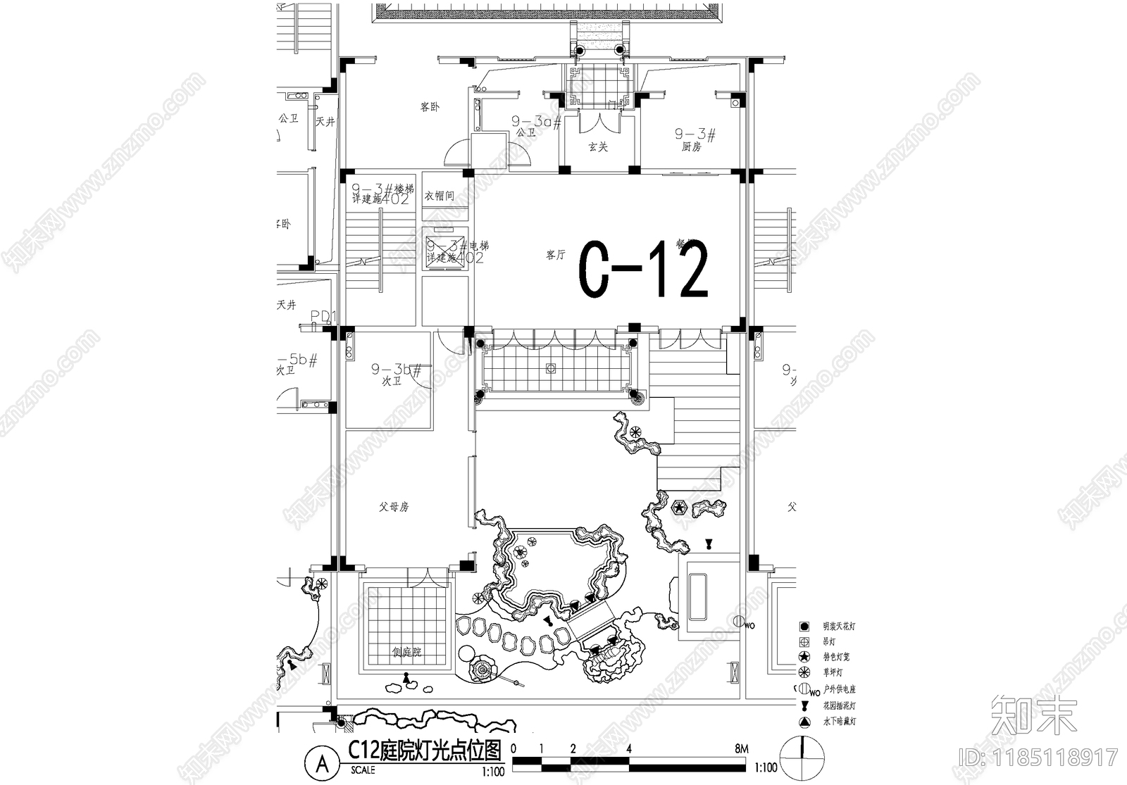 新中式庭院cad施工图下载【ID:1185118917】