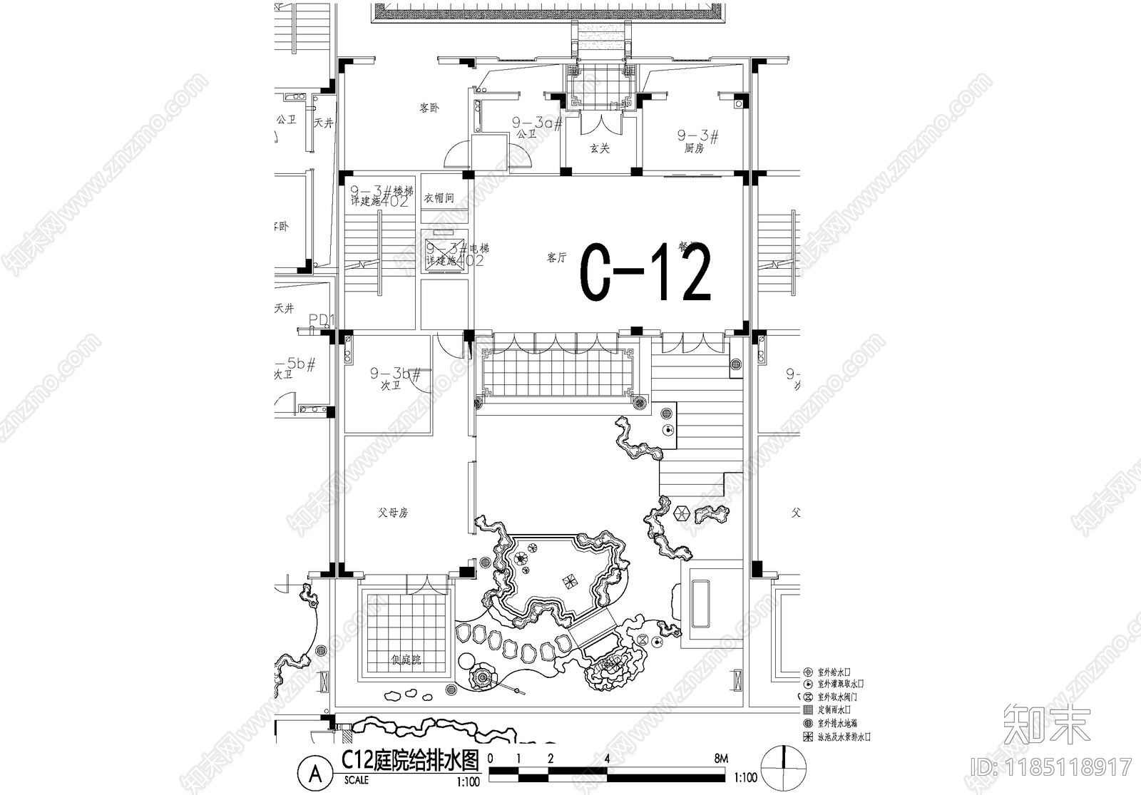 新中式庭院cad施工图下载【ID:1185118917】