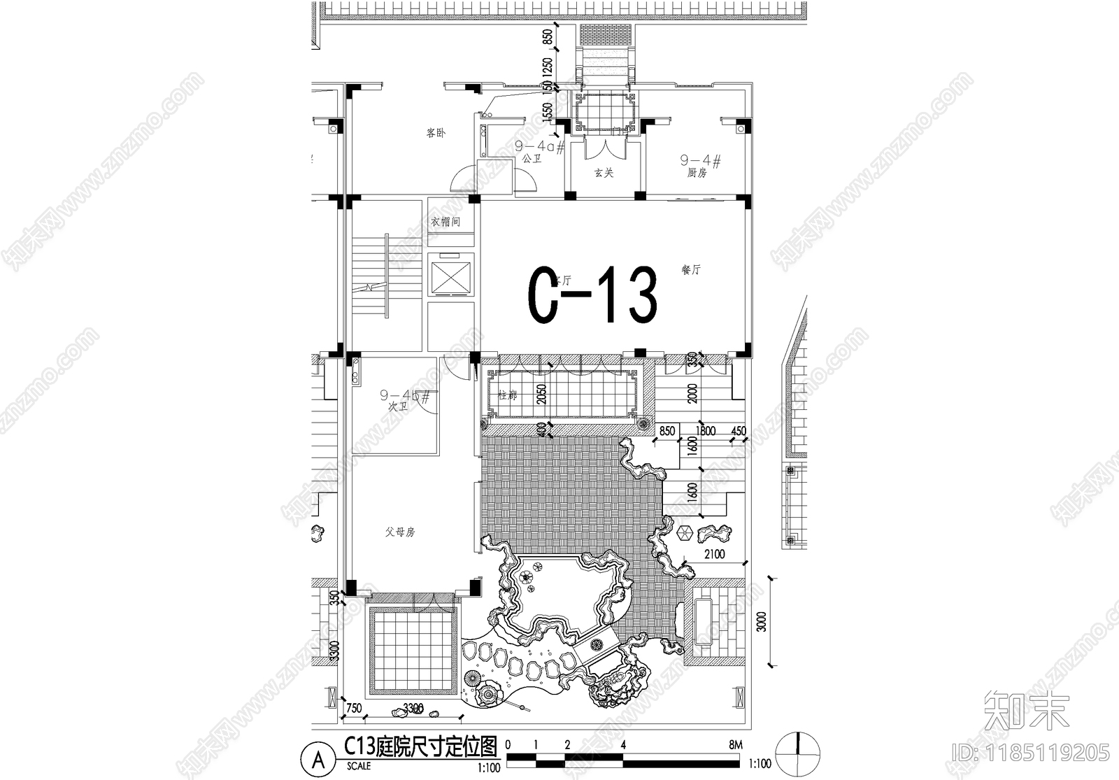 新中式庭院cad施工图下载【ID:1185119205】