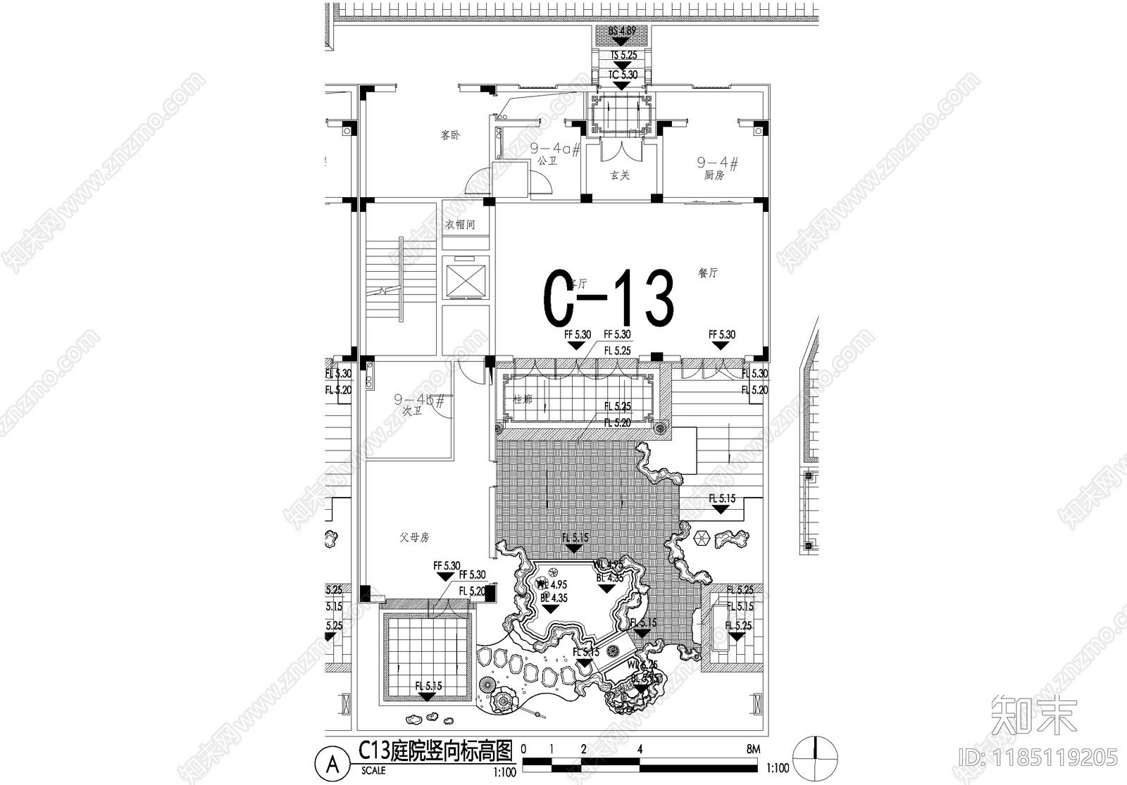 新中式庭院cad施工图下载【ID:1185119205】