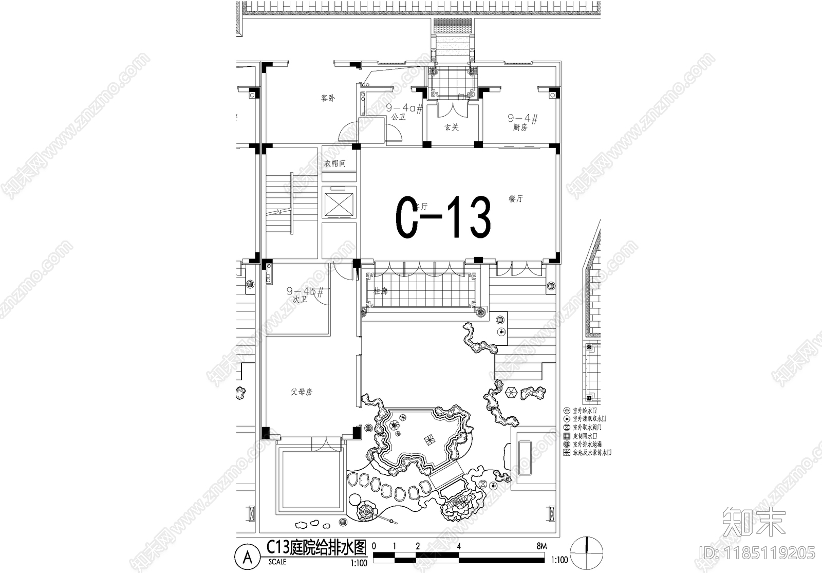 新中式庭院cad施工图下载【ID:1185119205】