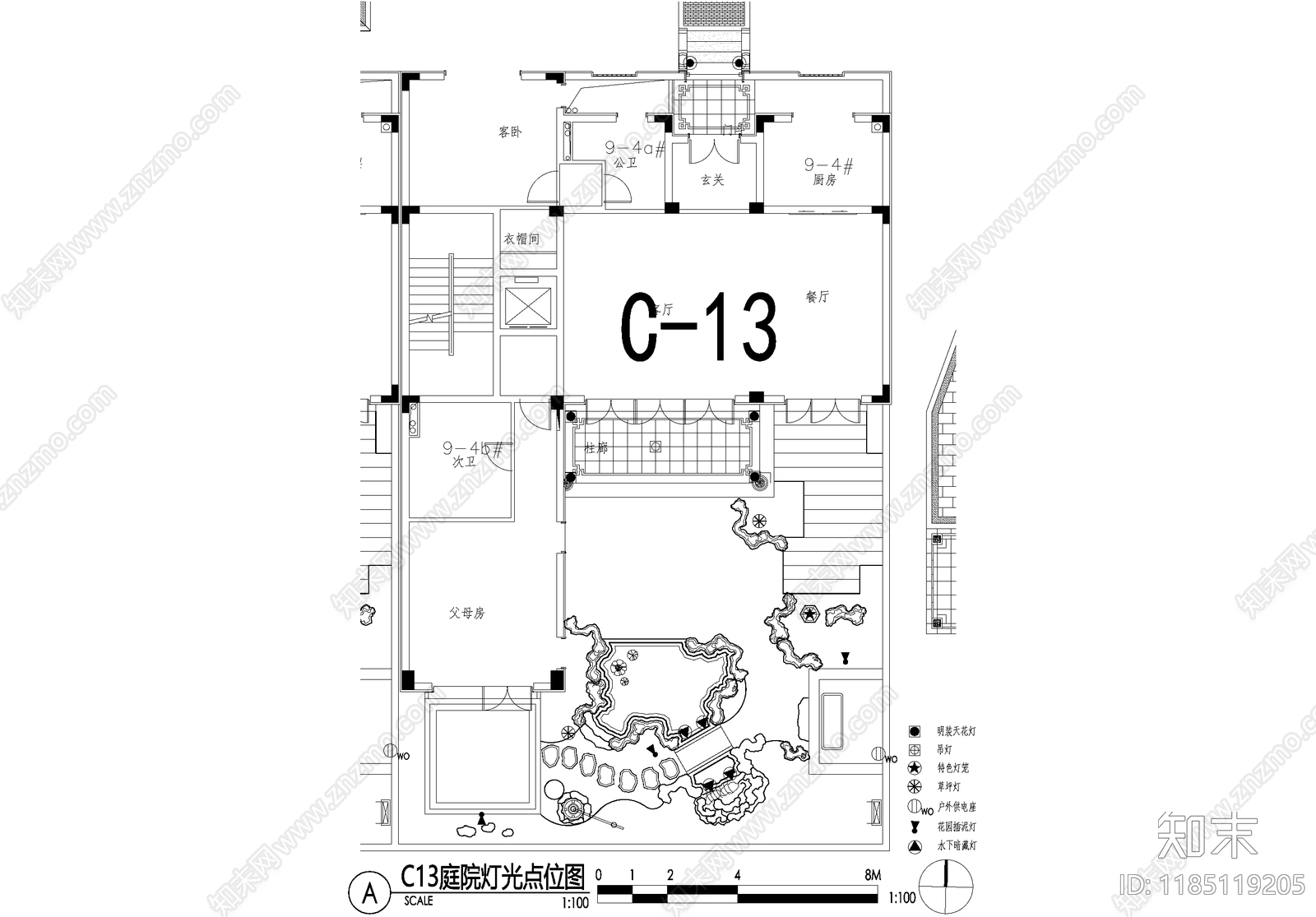 新中式庭院cad施工图下载【ID:1185119205】