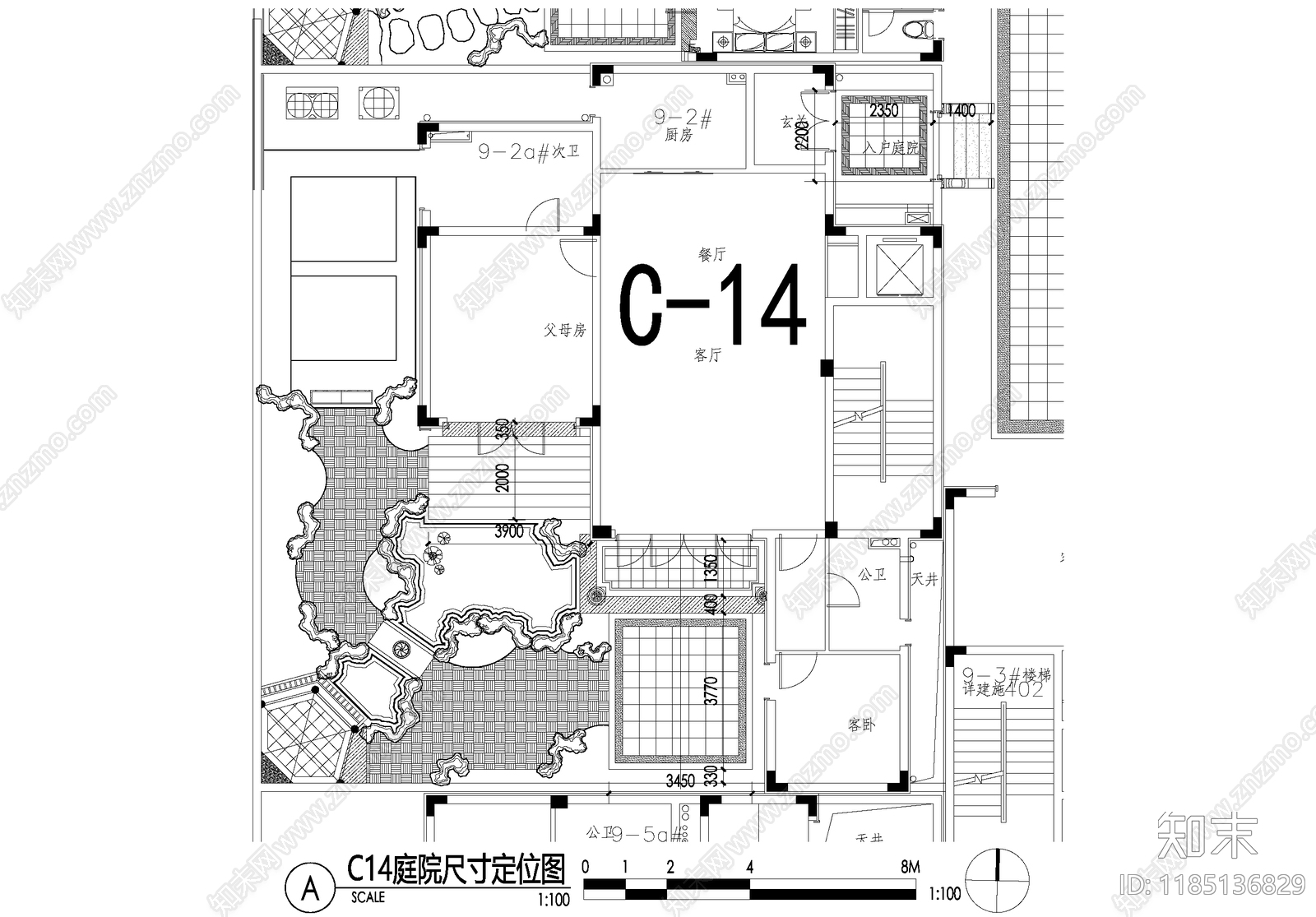 新中式庭院cad施工图下载【ID:1185136829】