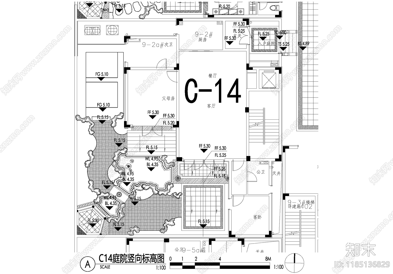 新中式庭院cad施工图下载【ID:1185136829】