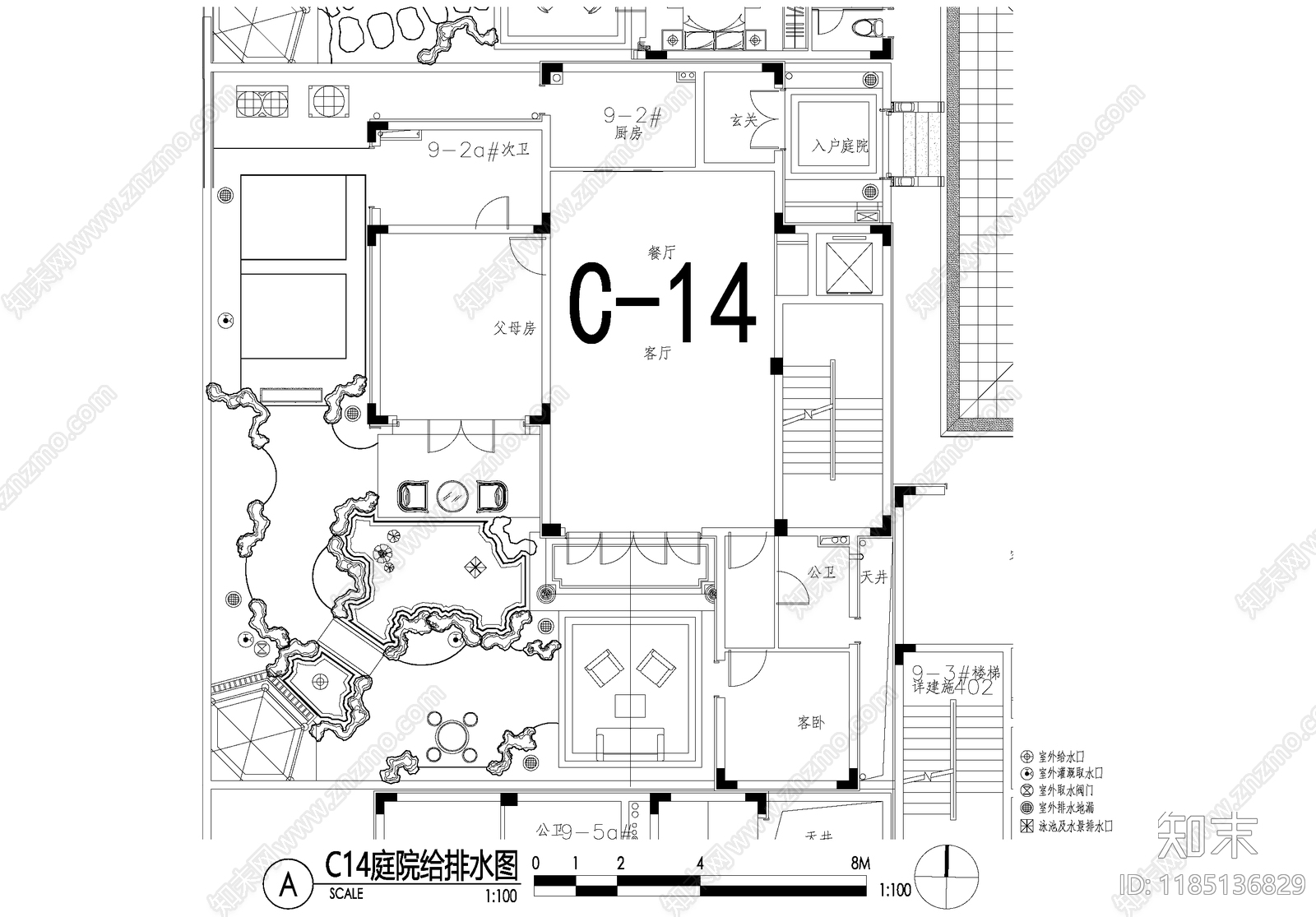 新中式庭院cad施工图下载【ID:1185136829】