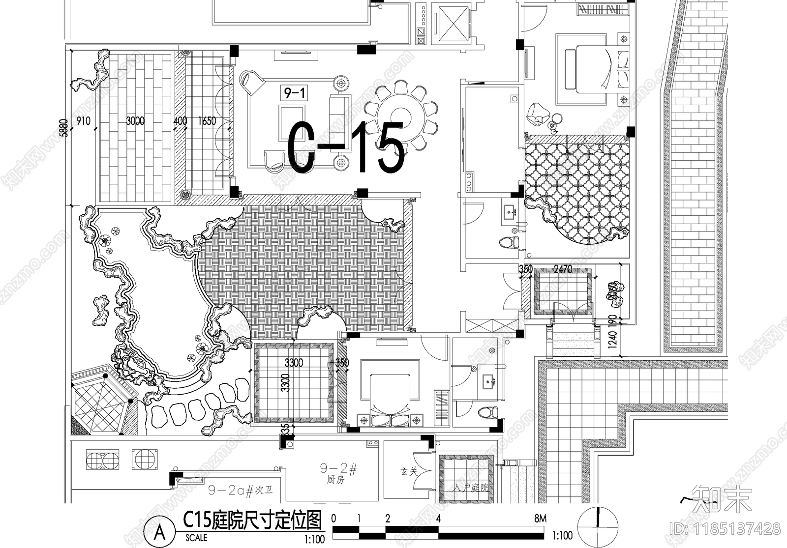 新中式庭院cad施工图下载【ID:1185137428】
