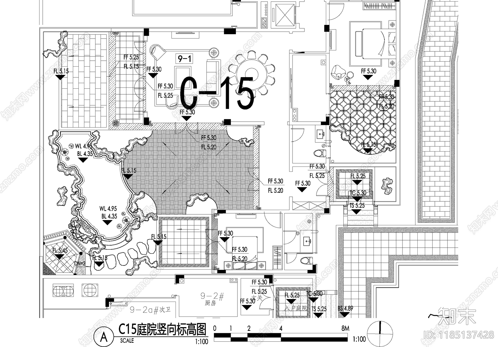 新中式庭院cad施工图下载【ID:1185137428】