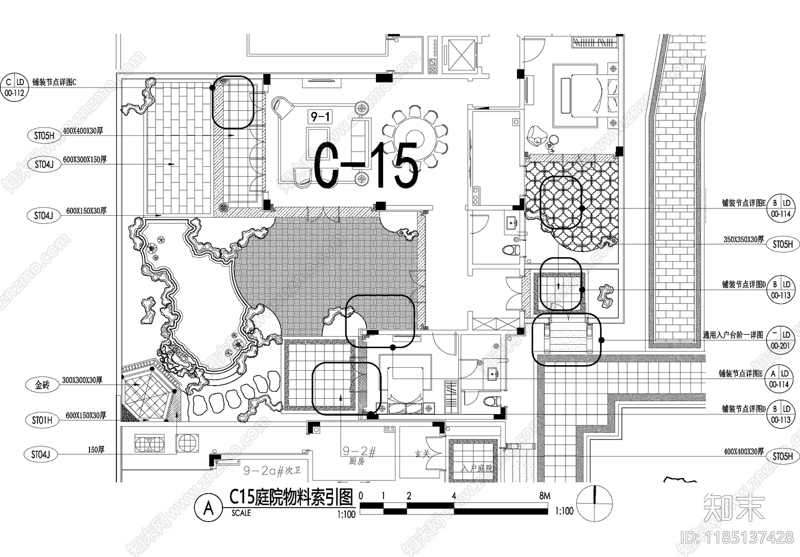 新中式庭院cad施工图下载【ID:1185137428】