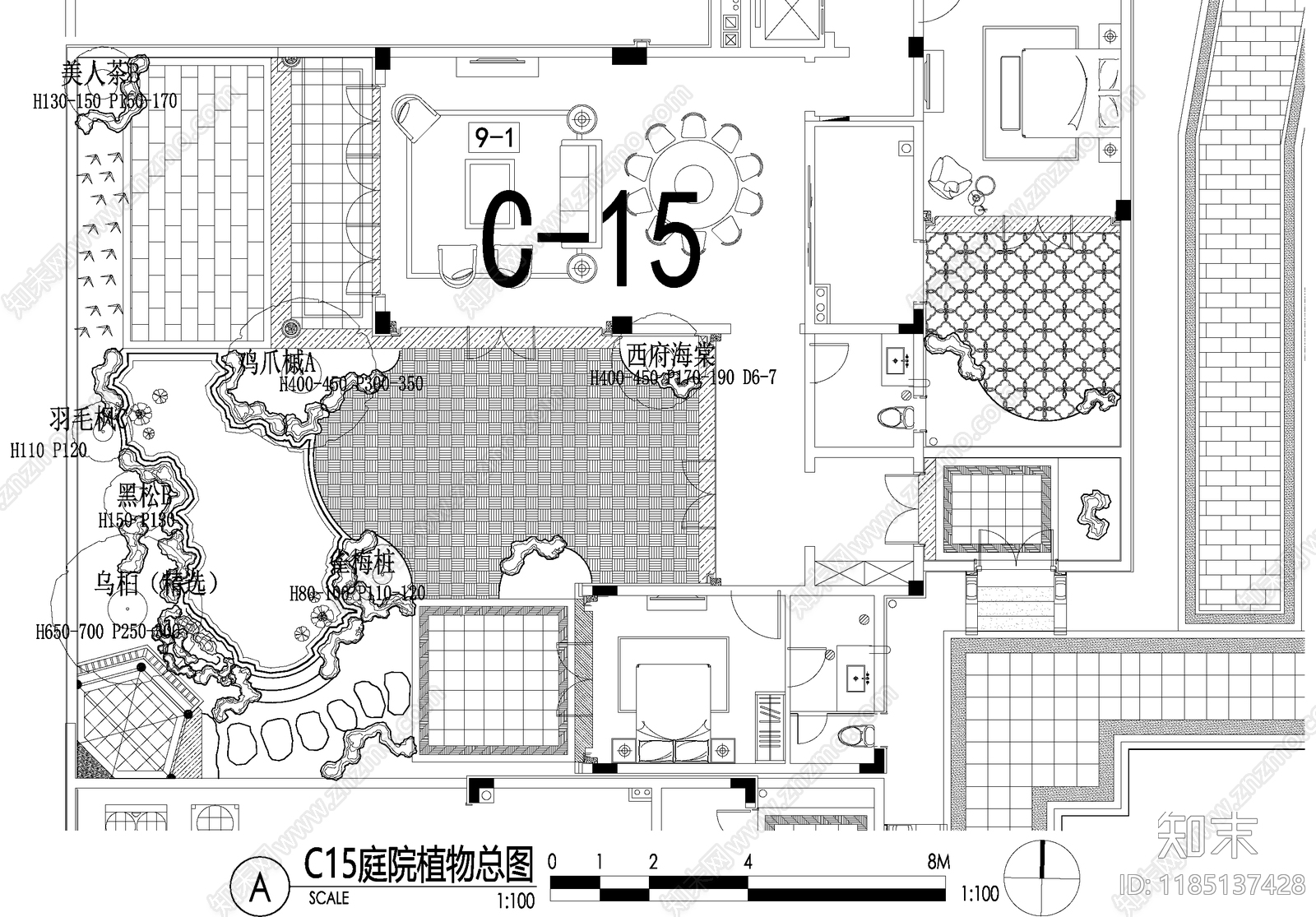 新中式庭院cad施工图下载【ID:1185137428】