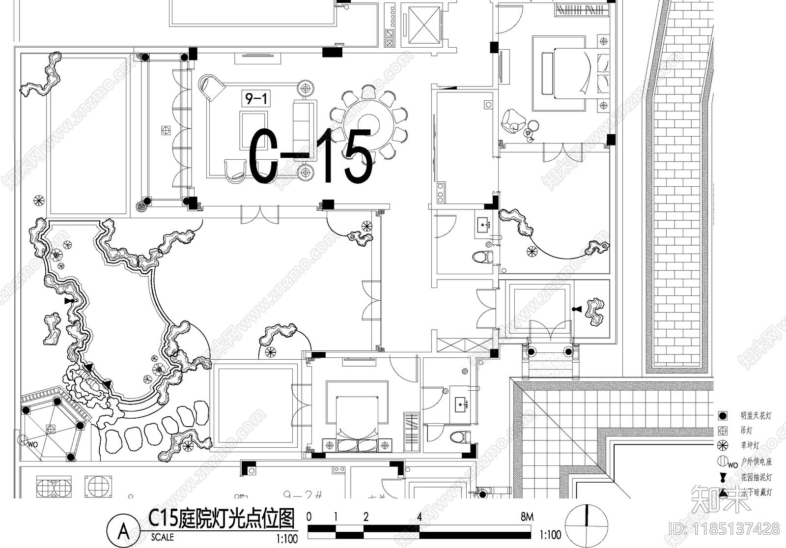 新中式庭院cad施工图下载【ID:1185137428】