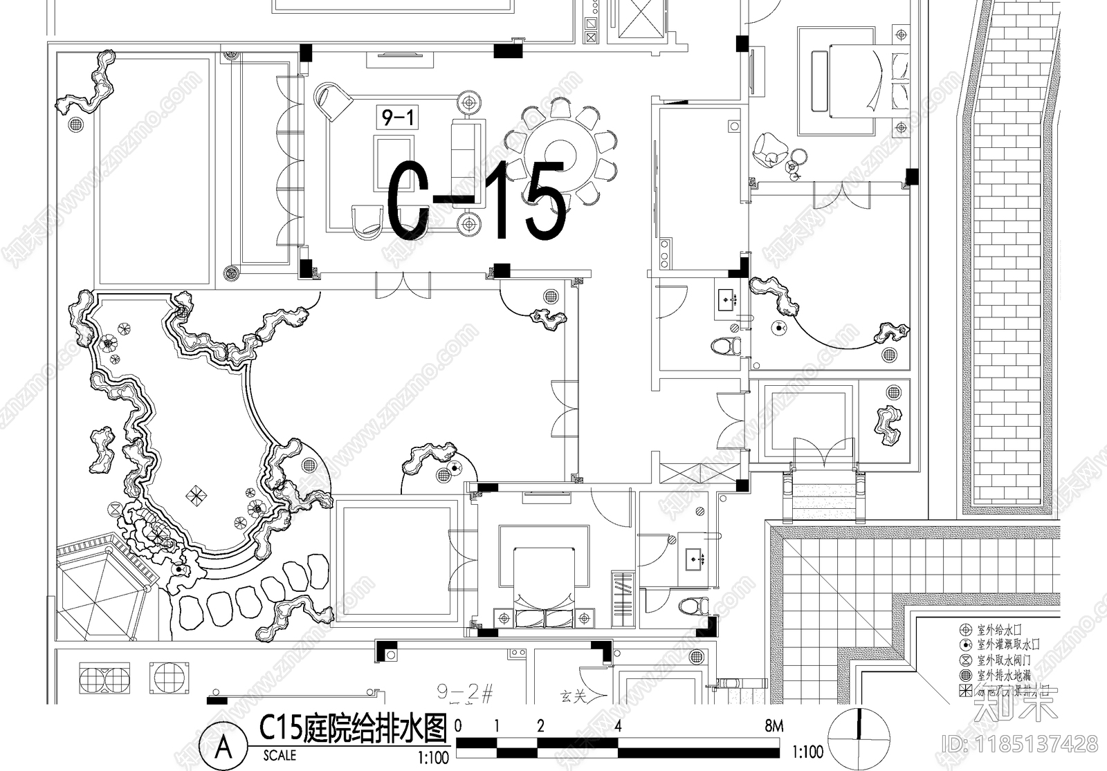 新中式庭院cad施工图下载【ID:1185137428】
