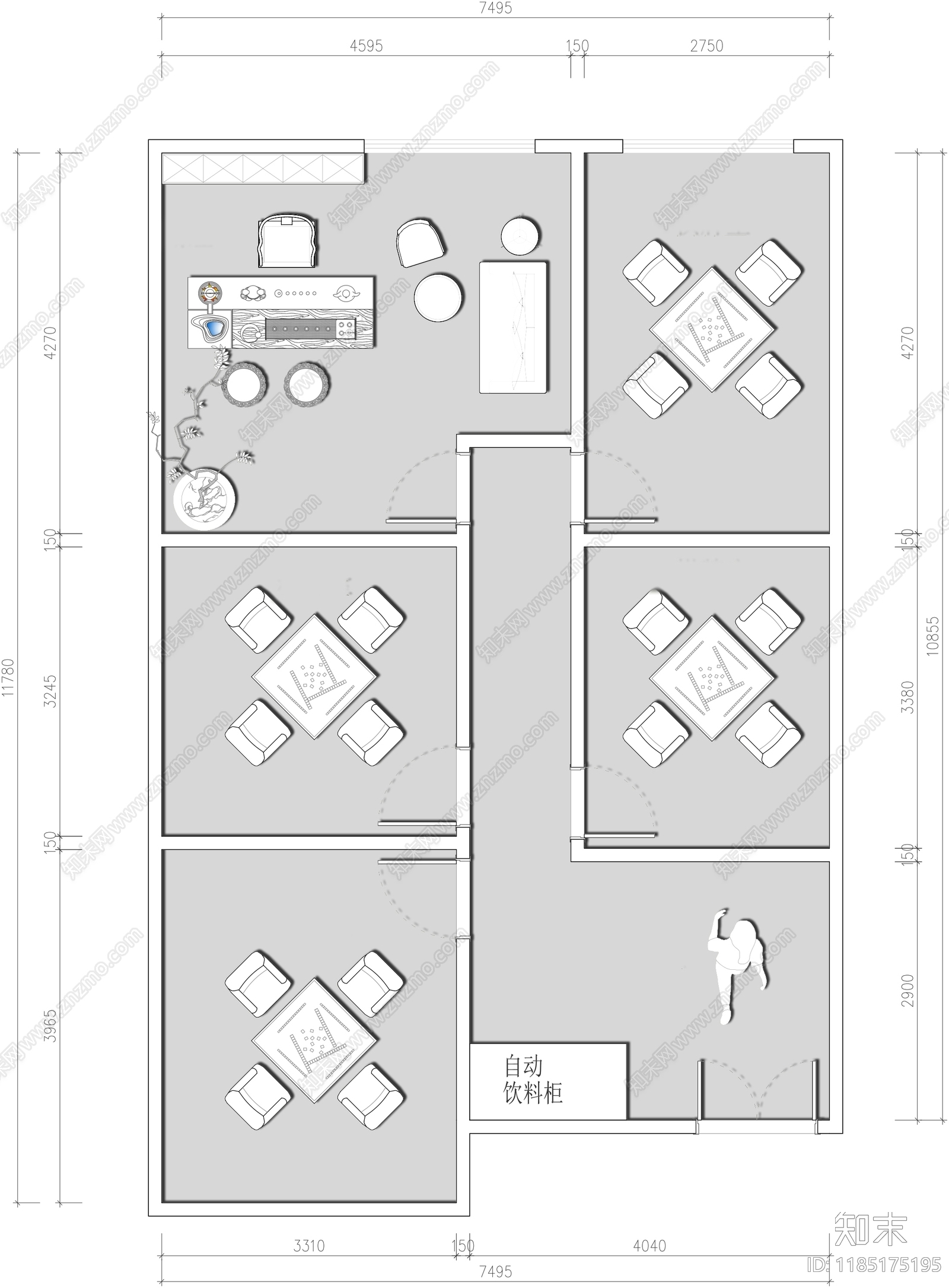 现代棋牌室cad施工图下载【ID:1185175195】